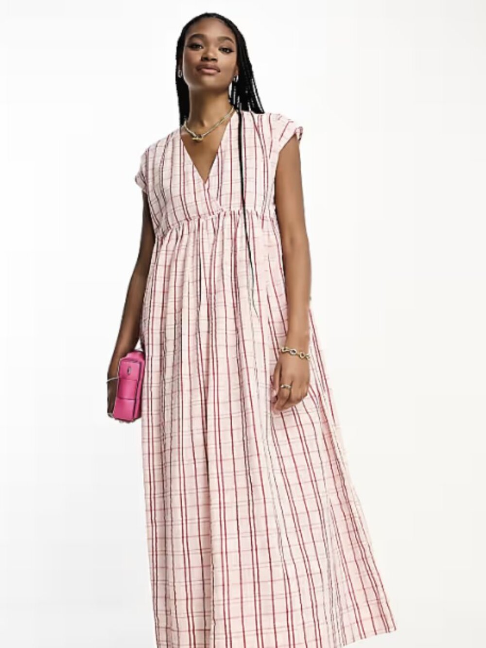 ASOS DESIGN Tall Cotton v-neck midi smock dress in pink check